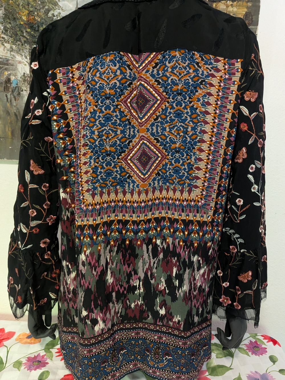 Bohemian Black Multi-Color Floral Embroidery V-Neck Women’s Top - Picture 4 of 10